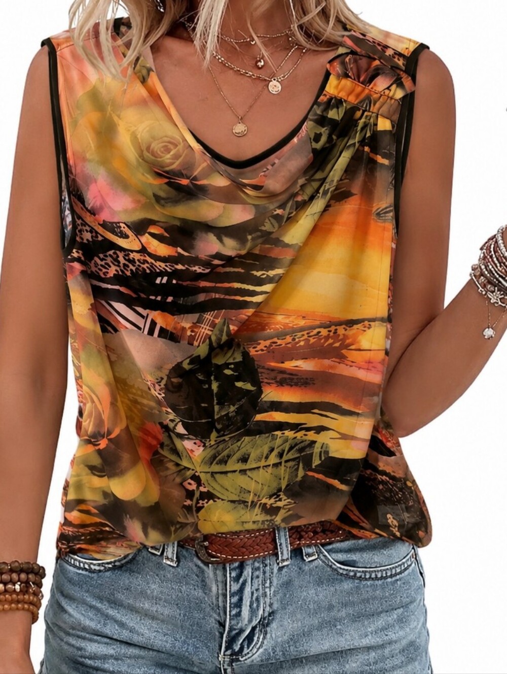 Chenault Abstract Tropical Print Semi-sheer Drape Neck Top M